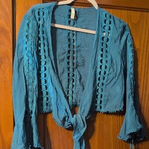 Elan Blue Bell Sleeve Crop Top with Tie Front